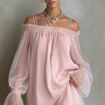 Double Strap Vestidos Off Shoulder Dress Sexy Sweet Vestido Fairy Mini Loose Dresses Summer New Sheer Mesh Long Sleeve Ropa Muje