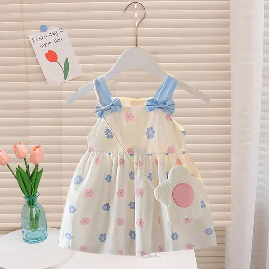 Summer Baby Girls' Dress New 2PCS/Set Cute Bag Kids Fresh Floral Bow Strap Daily Thin Sleeveless Vest Girl Dress