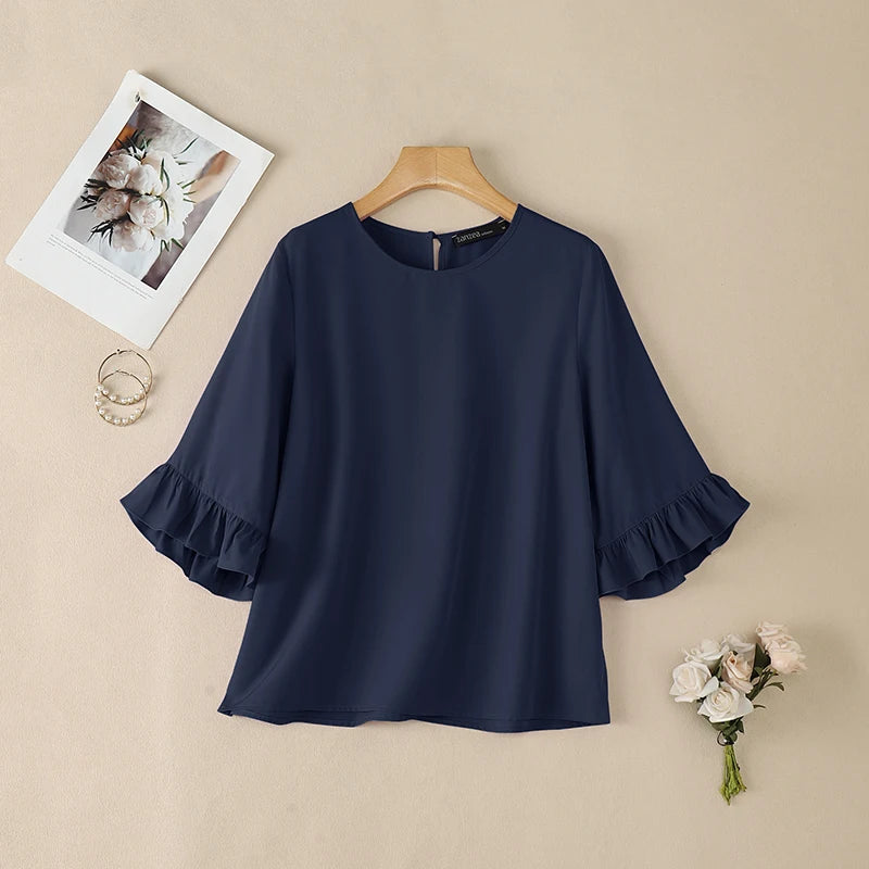 ZANZEA Women's Elegant Blouses 3/4 Flared Sleeve O-Neck Pullover Tops Summer Minimalist Casual Solid Color Blusas de Mujer