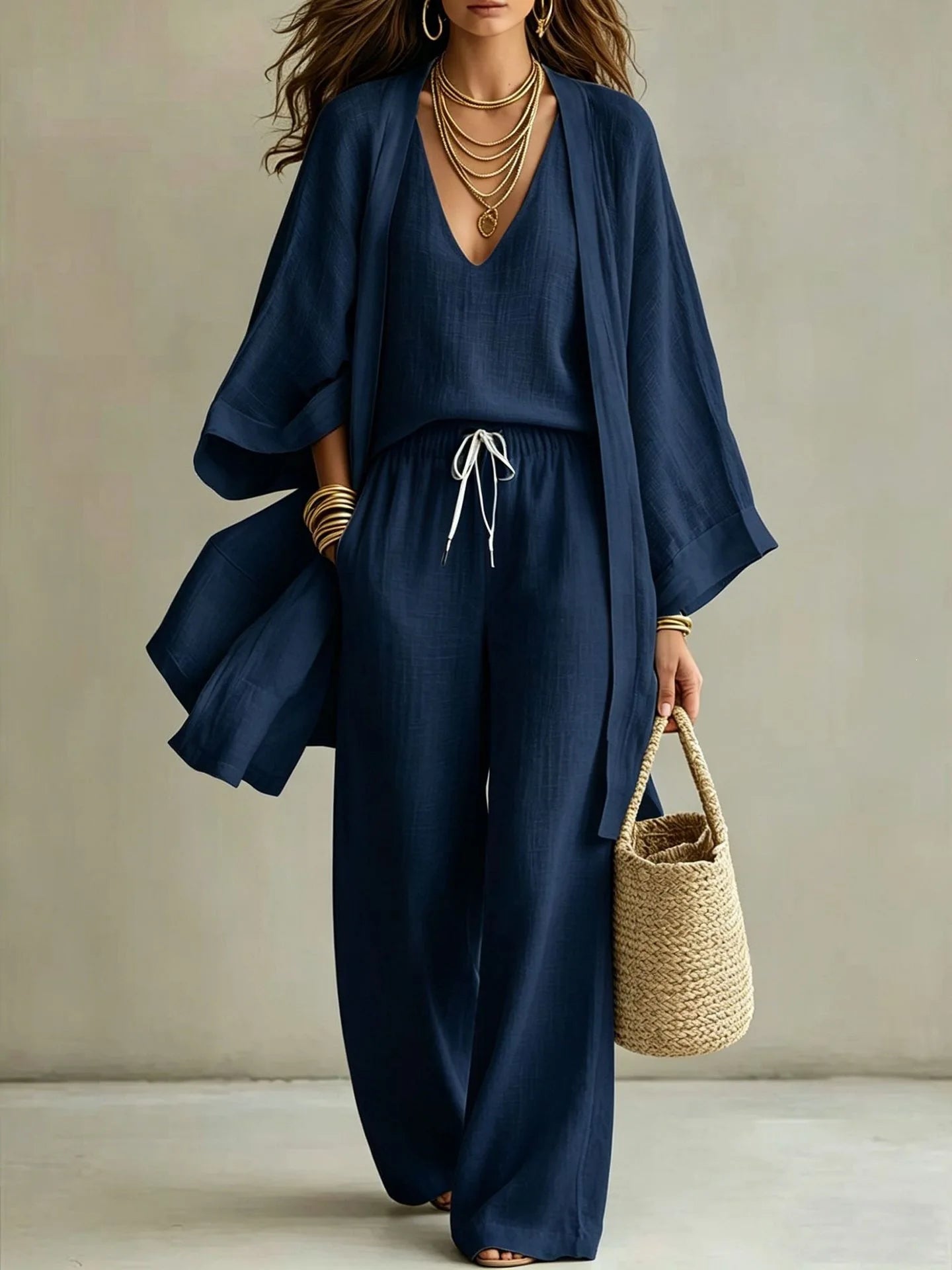Women Fashion 3-Piece Set Open Front Cardigan Wide Sleeves Matching V-Neck Vest Drawstring Waist Wide Leg Pants Casual Outfit