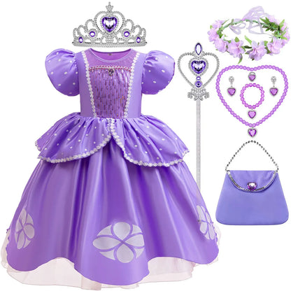 2026 Disney Sofia Princess Dress For Girl Summer Dress Birthday Carnival Party Sophia Sleeve Fluffy Ball Dress + Accessories
