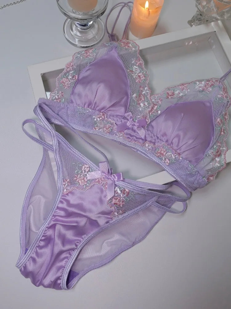 MOYISU Girls French Bra Thin Triangle Cup Purple Embroidery Light Luxury Silk Sexy Pure Desire Lace Underwear Set