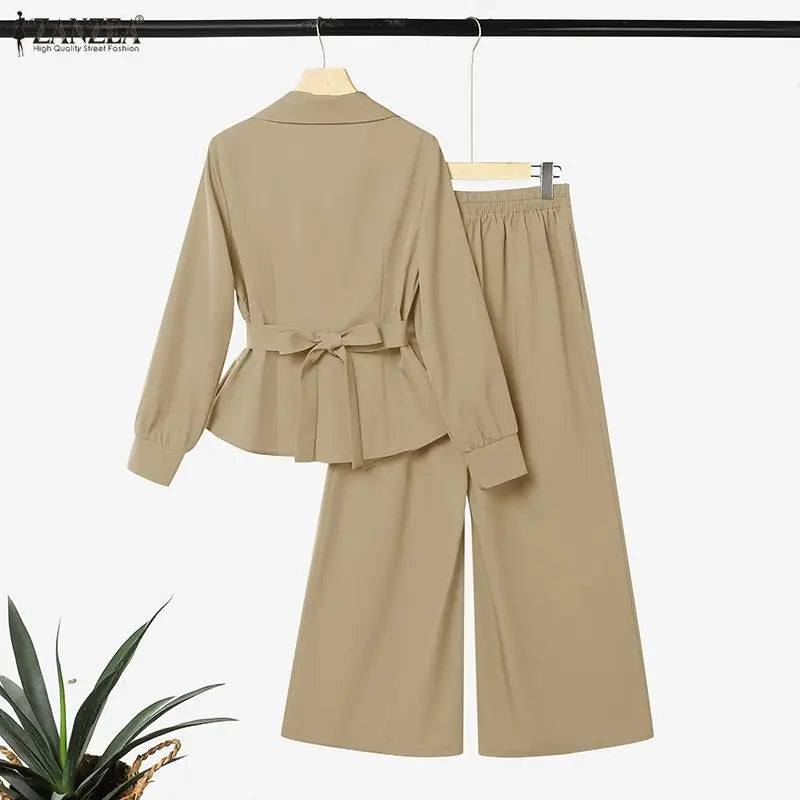 ZANZEA Casual Long Sleeve Tops Trousers Suit Autumn Outfits Office Women 2 Piece Sets Fashion OL Work Pants Sets Solid Tracksuit