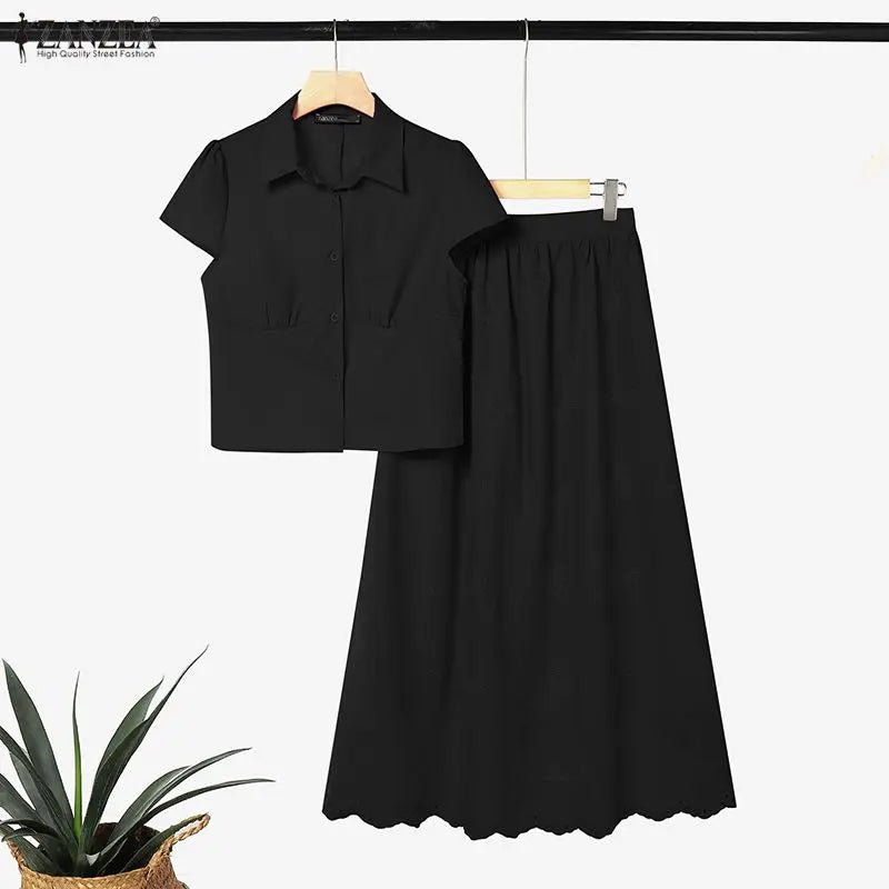 Women's Elegant Chic Skirt Sets ZANZEA Korean Fashion Short Sleeve Short Shirt & Embroidered Maxi Skirt 2 Pieces Sets Outfits