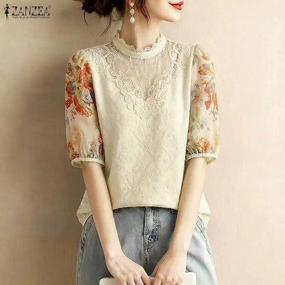 ZANZEA Women's Elegant Floral Chiffon Puff Sleeves Blouses Lace Patchwork Stand Collar Classy Tops 2026 Summer Woman Clothes 3XL