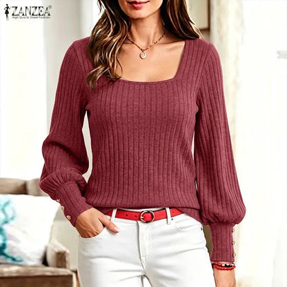 ZANZEA Woman Casual Ribbed Knit Blouses Suqare Neck Long Sleeve Solid Pullover Tops 2026 Autumn Daily Wear T-Shirts Streetwear