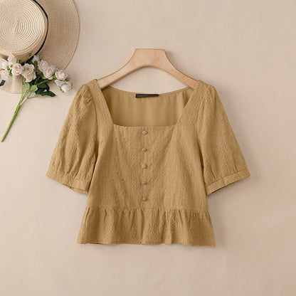 ZANZEA Embroidered Fabric Cropped Blouses Woman Square Neck Short Puff Sleeve Peplum Tops Summer Daily Casual Blusas de Mujer
