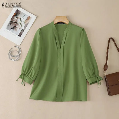 ZANZEA Summer Women's Elegant Blouses V-Neck 3/4 Puff Sleeves Lace Up Solid Color Pullover Tops Casual Loose Blusas de Mujer