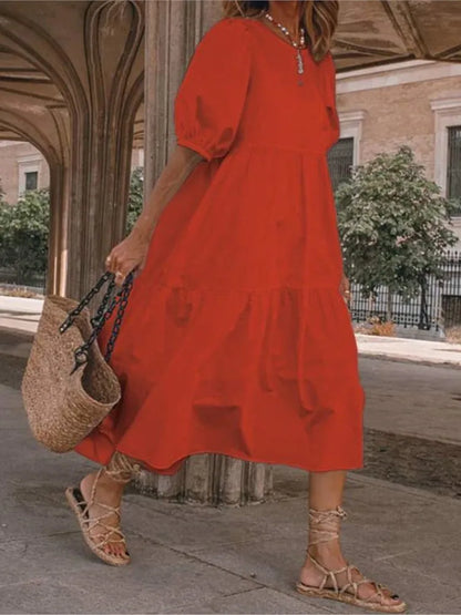 Summer New Solid Color Short Sleeved Loose For Women's Dresses Fashion Casual Patchwork Retro Beach Holiday Maxi Female Sundress