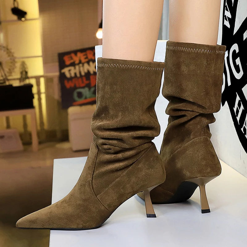 BIGTREE Shoes Women Pleated Elastic Boots Woman Stiletto 6.5 CM High Heel Boots Suede Ankle Boots Fashion Pointed Short Boots