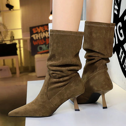 2026 New Women Pleated Elastic Boots Pointed Tip Mid-Calf Boots Women Shoes Suede Autumn Winter Boots Stilettos High Heel Boots