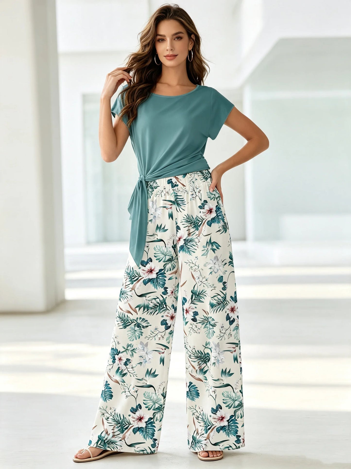 Summer Fresh Casual Two-Piece Set Short Sleeved Twisted Top with Tropical Plant Print Wide Leg Pants plus Size Outfit