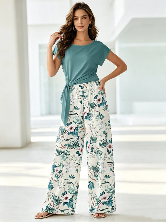 Summer Fresh Casual Two-Piece Set Short Sleeved Twisted Top with Tropical Plant Print Wide Leg Pants plus Size Outfit
