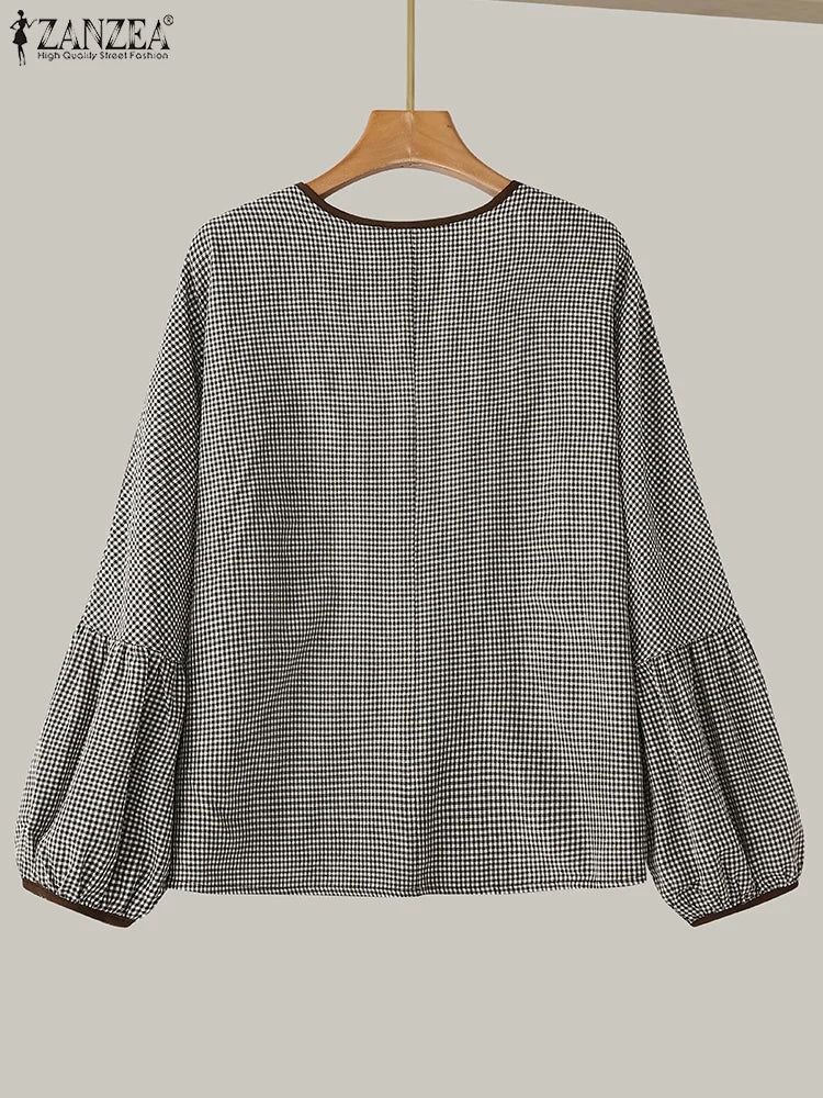 ZANZEA Women Plaid Printed Blouse Fashion Lace Up Shirts Holiday Sweety O-neck Long Sleeve Tops Casual Autumn 2024 Bowtie Tunics