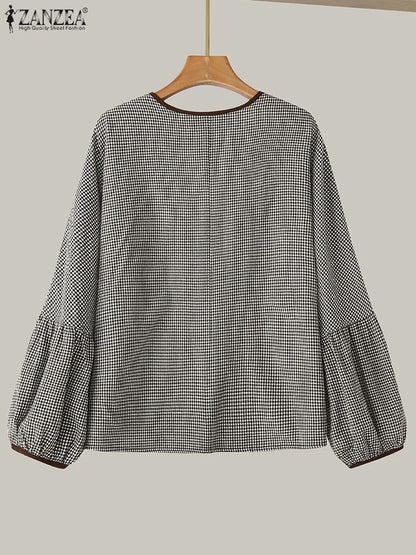 ZANZEA Women Plaid Printed Blouse Fashion Lace Up Shirts Holiday Sweety O-neck Long Sleeve Tops Casual Autumn 2024 Bowtie Tunics