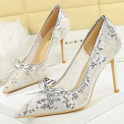 Sexy Lace Sequin Decoration Women Pumps Bowknot High Heels Pointed Tip Ladies Shoes Stiletto 9 cm Heels Women Sexy Party Shoes