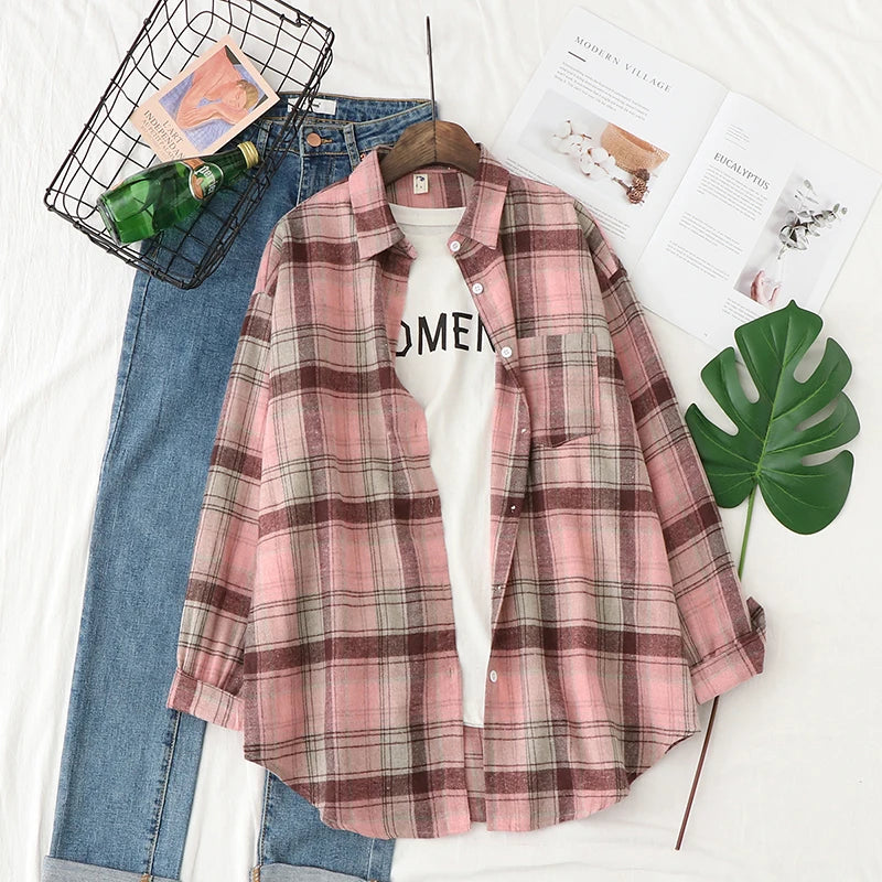 Fresh Flannel Plaid Shirt Women 2026 New Female Blouses and Tops Cotton Loose Long Sleeve Casual Shirts Fine Women's Clothes