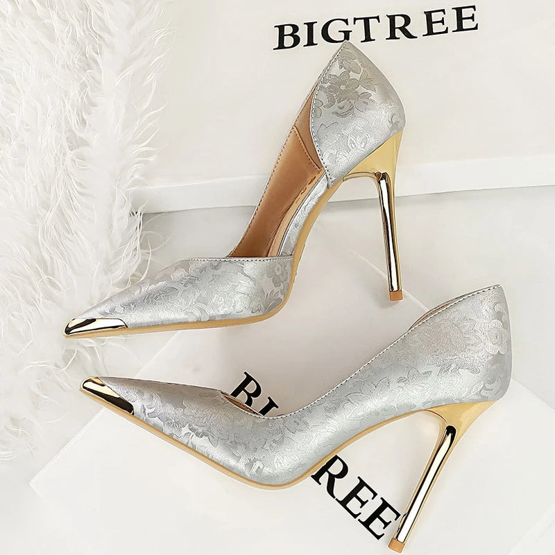 BIGTREE Shoes Women 11 Cm Heels Silks Satins Woman Pumps Metal Pointed Toe High Heels Fashion New Female Pumps Sexy Party Shoes