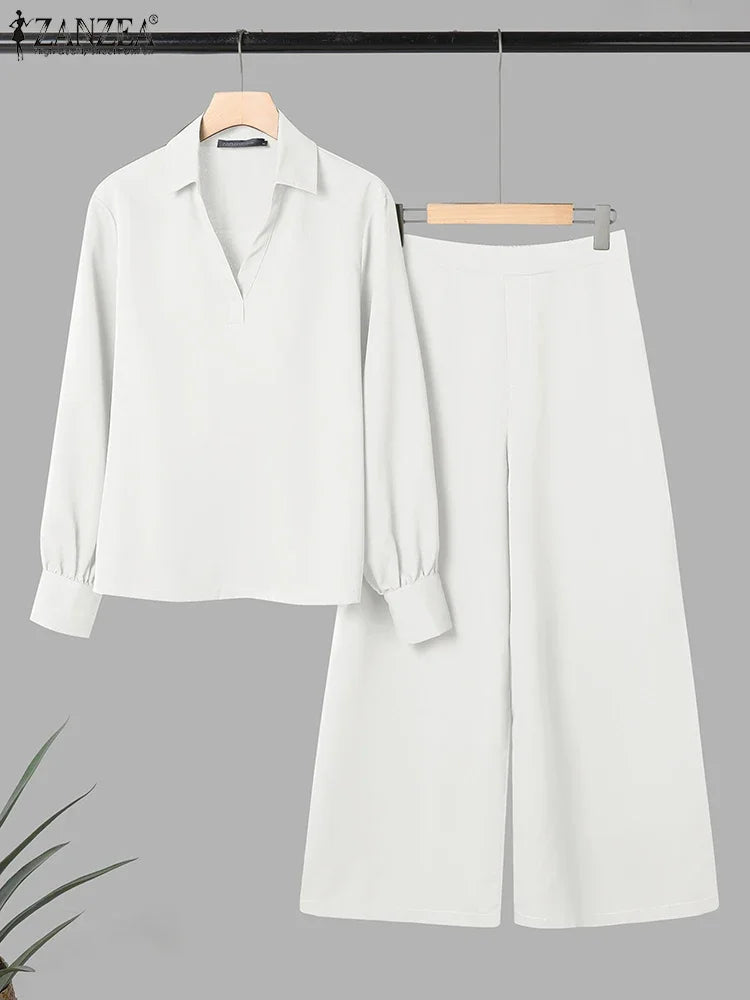 2025 ZANZA Women Lapel Neck Long Sleeve Blouse Trousers Suit Autumn 2PCS Outfits 2 Pieces Sets Elegant Loose Wide Leg Pant Sets