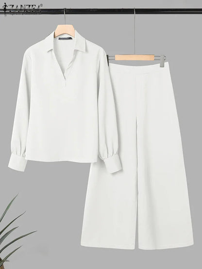 2025 ZANZA Women Lapel Neck Long Sleeve Blouse Trousers Suit Autumn 2PCS Outfits 2 Pieces Sets Elegant Loose Wide Leg Pant Sets
