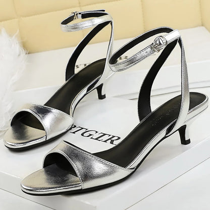BIGTREE Shoes Open-toe Mid-heel Women Shoes Patent Leather Women Pumps Sexy Women Heels Stiletto 4 cm Buckle Summer Sandals