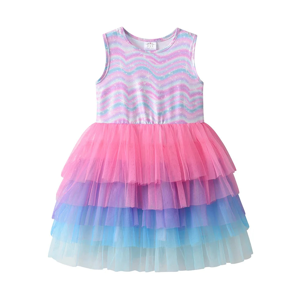 VIKITA Girls Sleeveless Summer Dress Kids Shiny Wave Striped Gradient Colorful Tulle Mesh Layered Party School Daily Tutu Dress