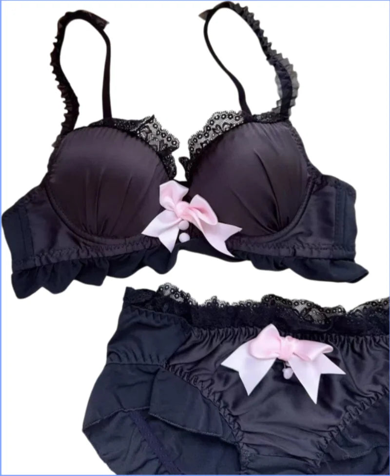 Lolita Bra Set Sweet Bow Gathering Collecting Lateral Breasts Comfortable Non-steel Ring Anti-Sagging Color Blocking Bra Set
