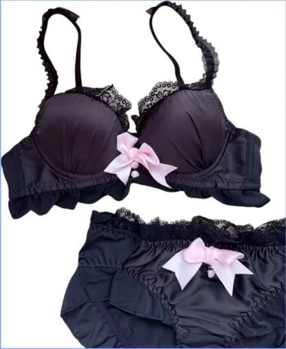 Lolita Bra Set Sweet Bow Gathering Collecting Lateral Breasts Comfortable Non-steel Ring Anti-Sagging Color Blocking Bra Set