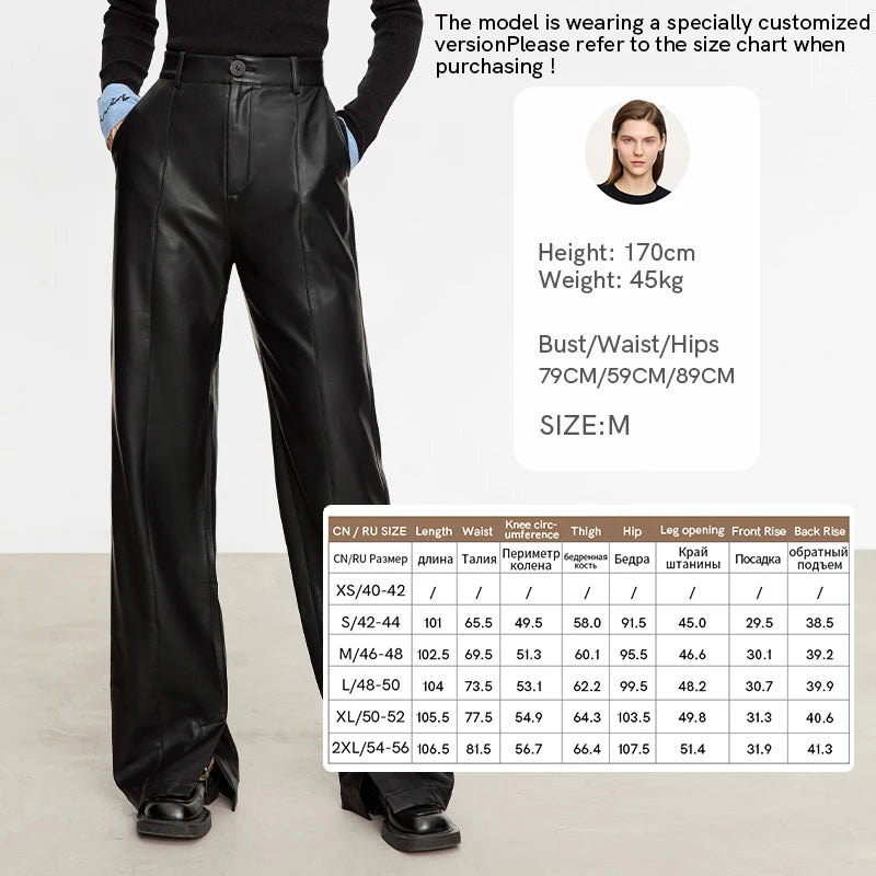 AMII Minimalist PU Leather Casual Pants for Women 2025 Autumn New Loose Floor Length Straight Slit Female Trousers 12343250