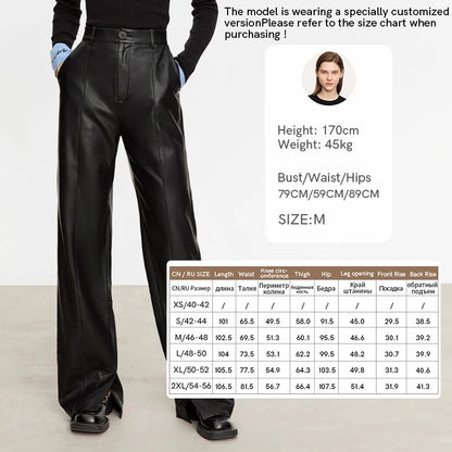 AMII Minimalist PU Leather Casual Pants for Women 2025 Autumn New Loose Floor Length Straight Slit Female Trousers 12343250