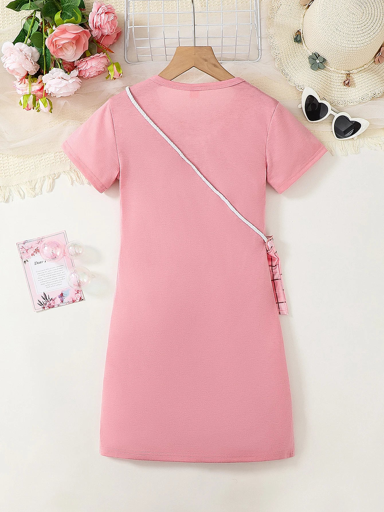 Casual Plaid Heart Patchwork Embroidery Dress for Girls with Short Sleeves Outdoor Scene Suitable Girls Dress with Crossbody Bag