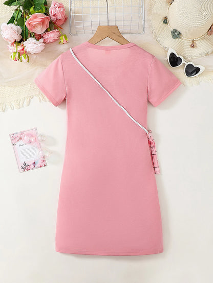 Casual Plaid Heart Patchwork Embroidery Dress for Girls with Short Sleeves Outdoor Scene Suitable Girls Dress with Crossbody Bag