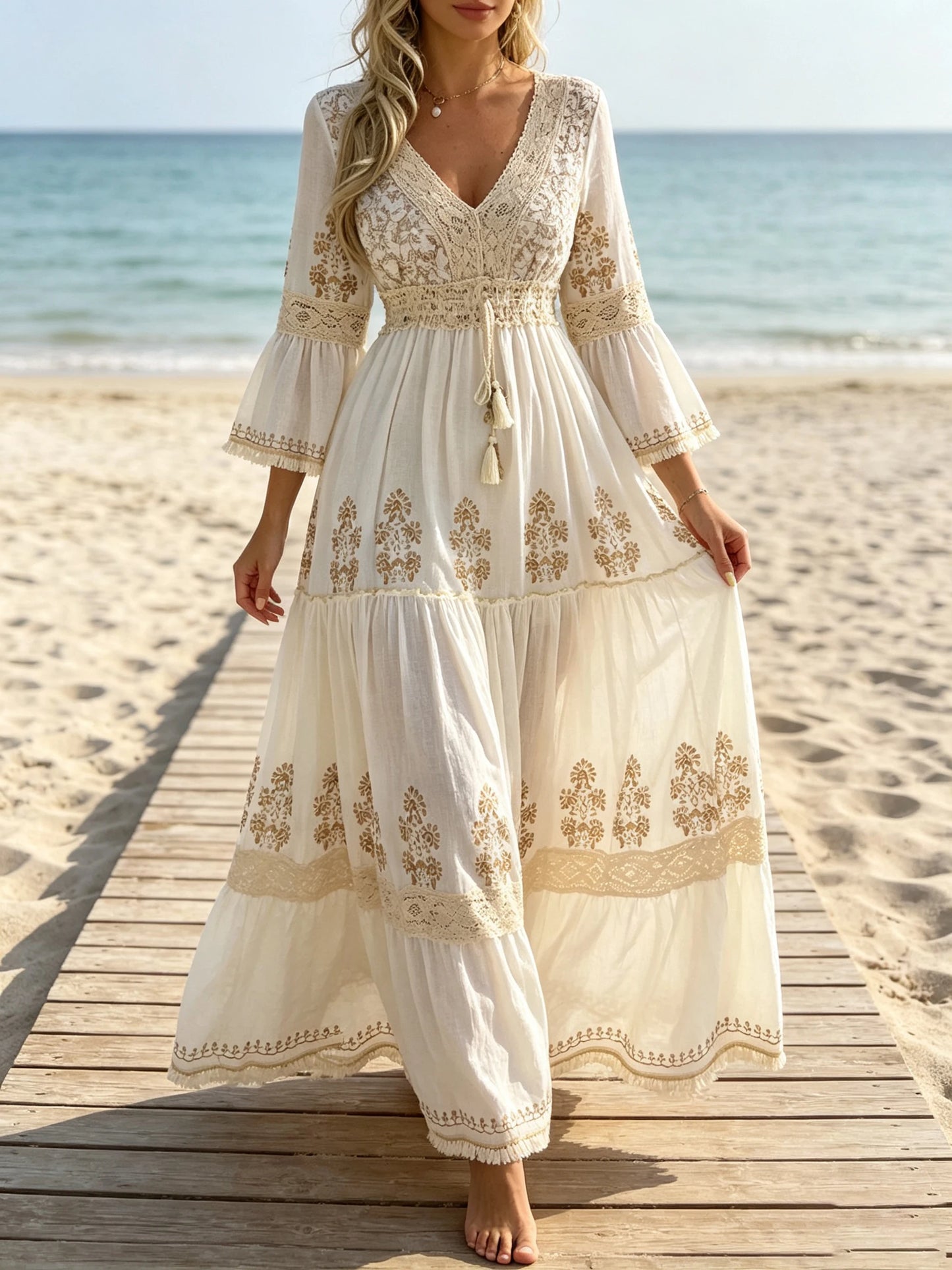 2026 Long Dress Women Summer Boho Floral Print V-Neck Dresses Female Beach Holiday Flowy Dress Ladies Elegant Vintage Vestidos