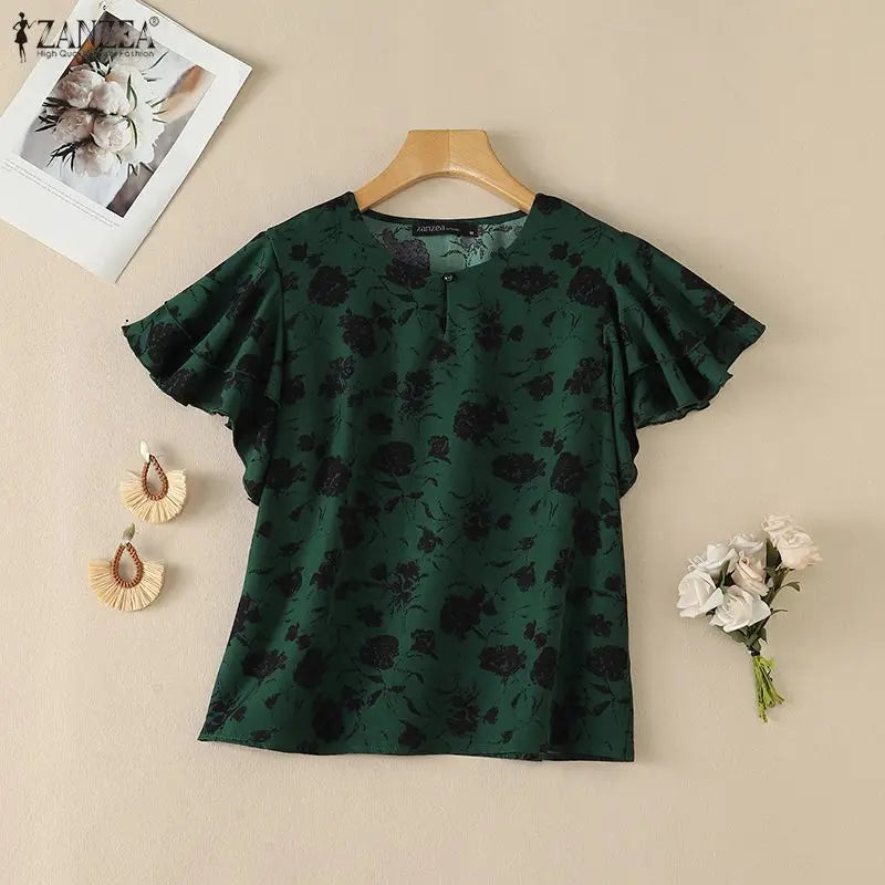 ZANZEA Summer Short Sleeve Tops Fashion Ruffles Women Blouses Floral Print Blouse Tee Streetwear OL Work Party Blusas Tunic 3XL