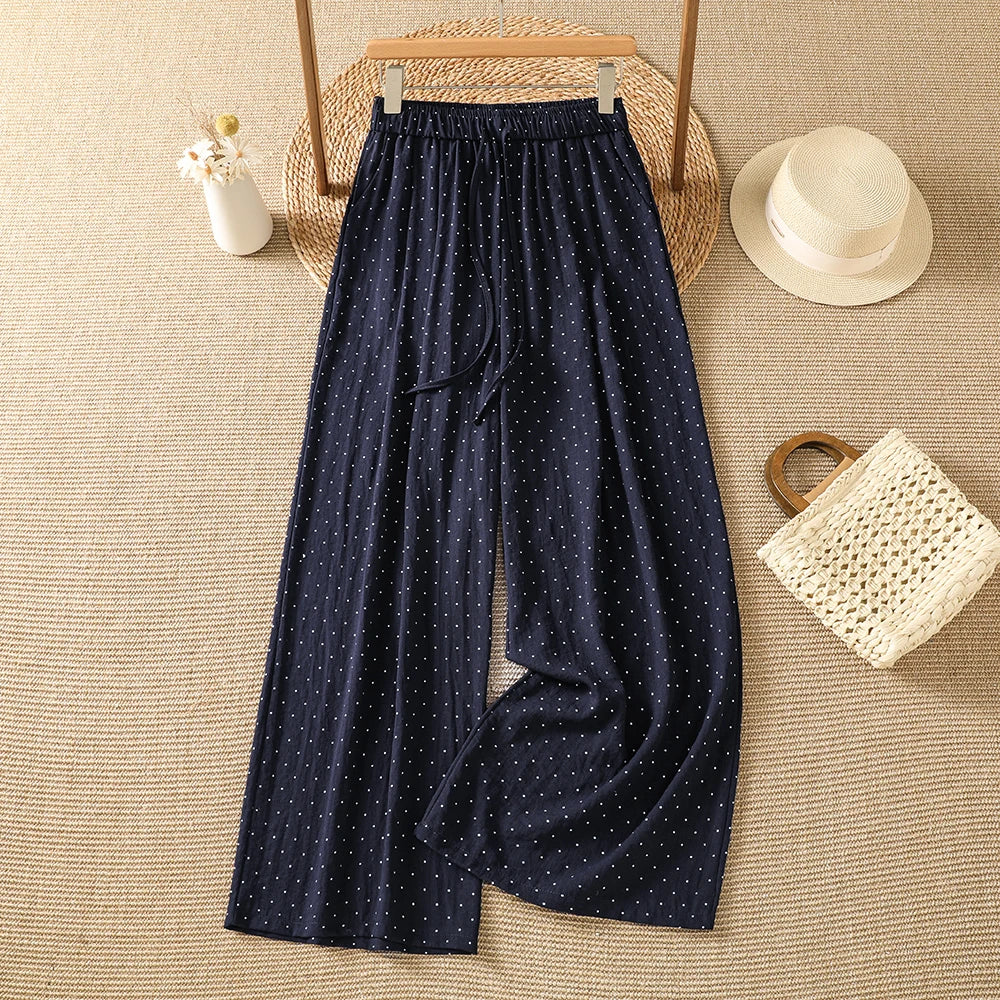 Summer New Vintage Small Polka Dot Loose Casual Wide Leg Pants Drawstring Waist Elastic Cotton Ladies Trousers