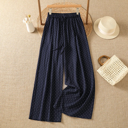 Summer New Vintage Small Polka Dot Loose Casual Wide Leg Pants Drawstring Waist Elastic Cotton Ladies Trousers