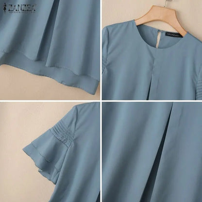 ZANZEA Women Blouse Elegant Ruffle Half Sleeve Casual Pleated O Neck Solid Loose OL Work Tunic Tops Blusas Streetwear Oversize