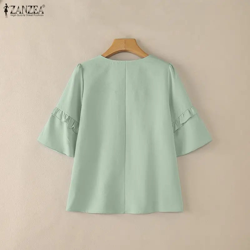 ZANZEA Women Elegant Blouses V-Neck Half Flare Sleeve Ruffles Trim Pullover Tops Summer Daily Casual Solid Color Blusas de Mujer