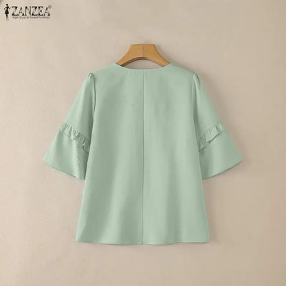 ZANZEA Women Elegant Blouses V-Neck Half Flare Sleeve Ruffles Trim Pullover Tops Summer Daily Casual Solid Color Blusas de Mujer