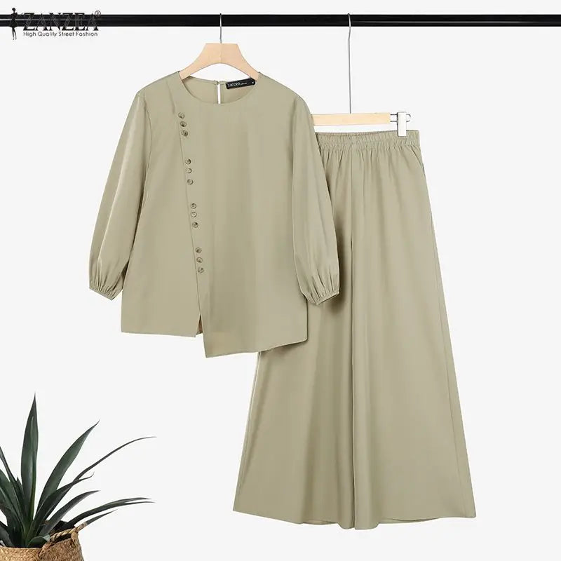 ZANZEA Women Muslim 2 Piece Sets 2026 Summer Wide Leg Pant Sets Long Sleeve Irregular Blouse Trousers Solid Color Work Outfits