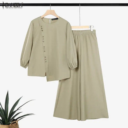 ZANZEA Women Muslim 2 Piece Sets 2026 Summer Wide Leg Pant Sets Long Sleeve Irregular Blouse Trousers Solid Color Work Outfits