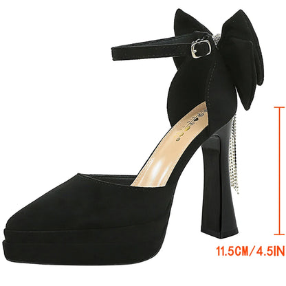 BIGTREE Shoes Suede Ultra High Heels 11.5 CM Bowknot Design Women Pumps Platform High-heeled Sandals Women Chunky Heel Shoes