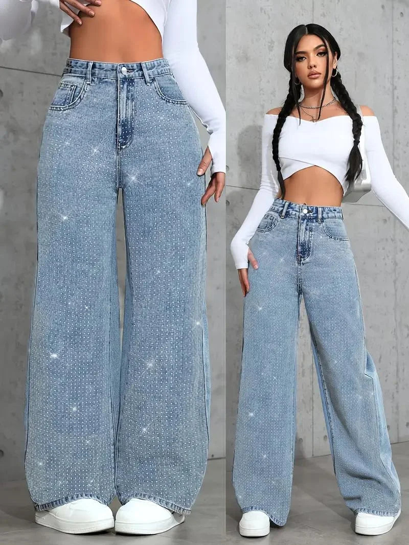 Womens Plus Size Loose Jeans Casual Straight Denim Pants Elastic Stretch Comfort Fit Decorated with Beaded Embroidery Jeans