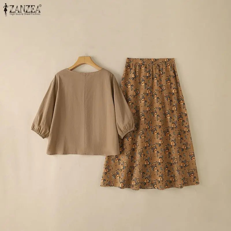 ZANZEA Autumn Bohemian Outfits Women 2 Pieces Sets 3/4 Lantern Sleeve Blouse Floral Print A-Line Maxi Skirt Casual Holiday Suit