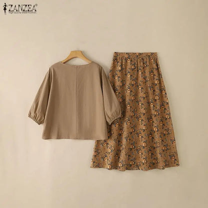ZANZEA Autumn Bohemian Outfits Women 2 Pieces Sets 3/4 Lantern Sleeve Blouse Floral Print A-Line Maxi Skirt Casual Holiday Suit