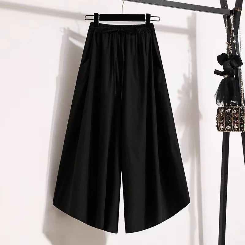 plus Size High Waist Wide Leg Pants Thin Summer Casual Nine Points for plus Size Women Comfortable Breathable Skin-Friendly