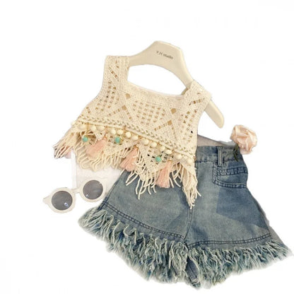 2025Girls' Summer New Hollow Vest Camisole Denim Shorts Three-Piece Set