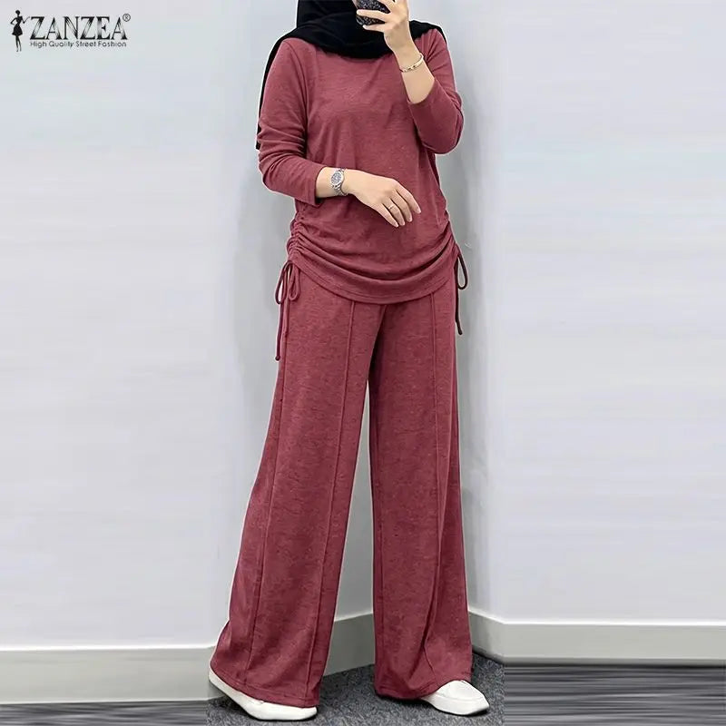 ZANZEA Autumn Long Sleeve Side Tie Knit Tops With Wide Leg Pants Women Muslim 2 Piece Sets Modest Casual Solid Islamic Outfits