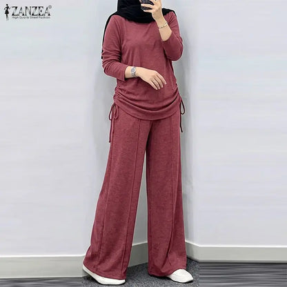 ZANZEA Autumn Long Sleeve Side Tie Knit Tops With Wide Leg Pants Women Muslim 2 Piece Sets Modest Casual Solid Islamic Outfits