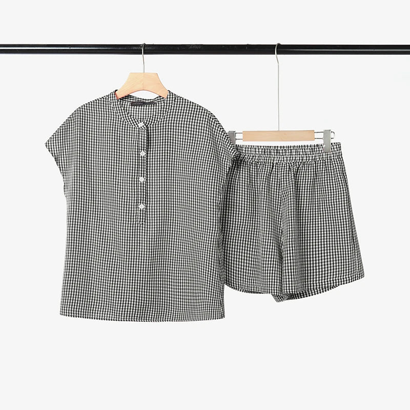 2026 ZANZEA Fashion Summer 2 Piece Sets Women Short Sleeve Plaid Blouse Short Sets Holiday Tracksuit Casual Work Outfit Oversize